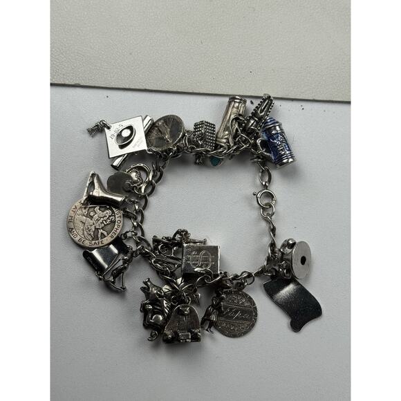 Vintage Sterling Silver Charm Bracelet 7.5" 25 Charms Travel Religious Phone - Picture 3 of 10